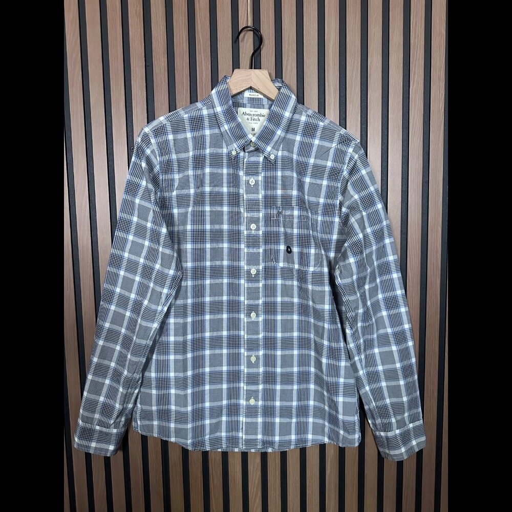 New Abercrombie & Fitch Shirt Medium Blue Oxford Plaid Long Sleeve Muscle Button
